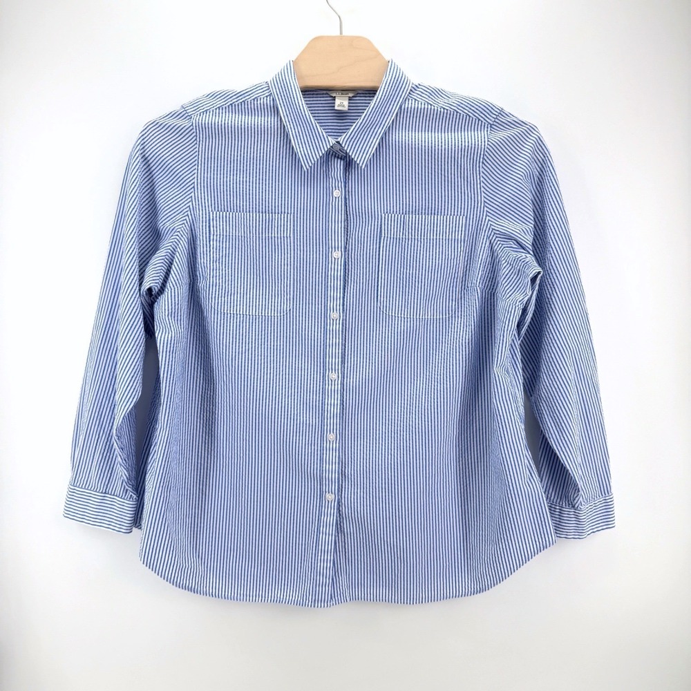 LL Bean Seersucker Shirt Womens 2X Blue White Striped Cotton Button Down